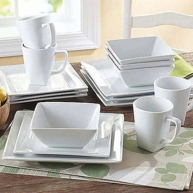 16 Piece White Square Porcelain Dinnerware Set