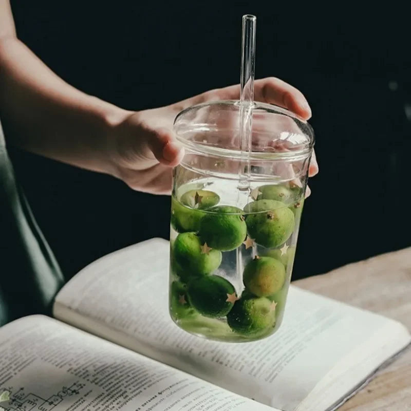 450ML Glass Cup with Lid and Straw Transparent Drinking Glasses