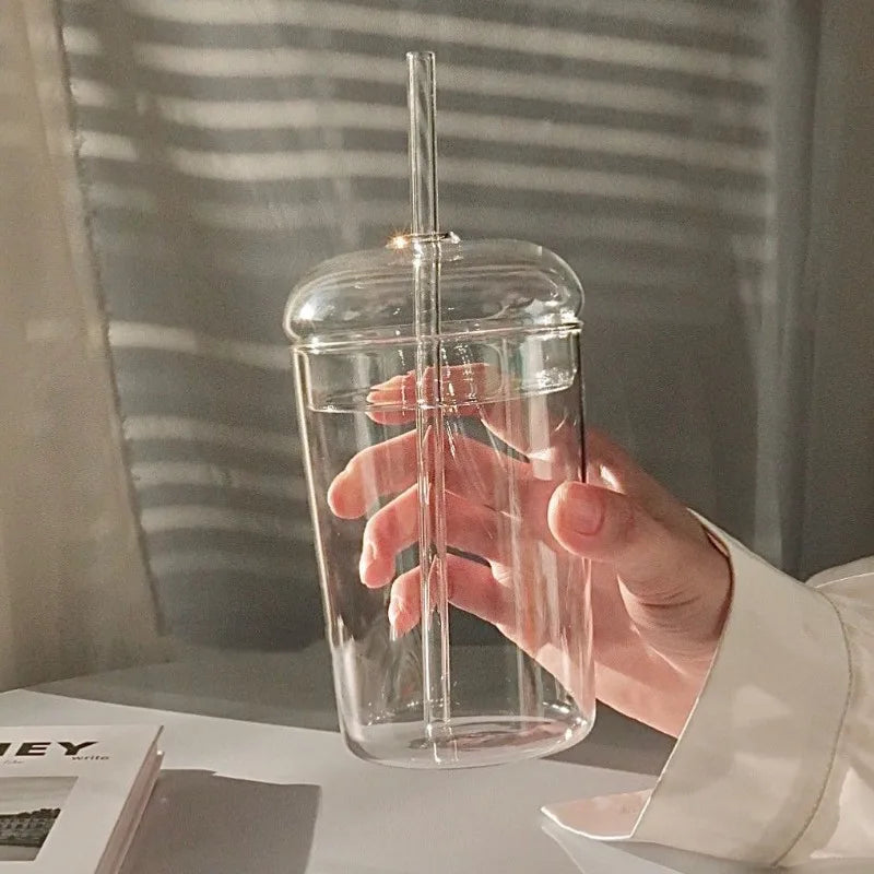 450ML Glass Cup with Lid and Straw Transparent Drinking Glasses