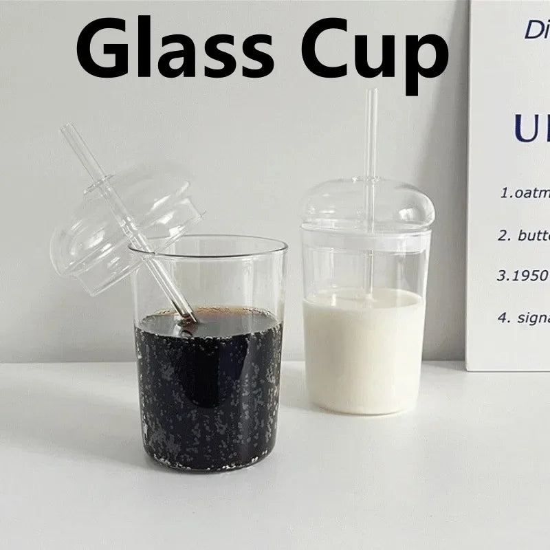 450ML Glass Cup with Lid and Straw Transparent Drinking Glasses