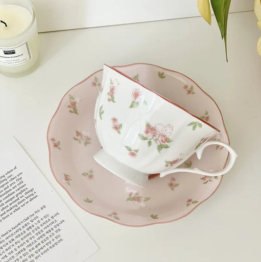French Pink Rabbit Print Vintage Coffee Cup and Saucer Set Ceramic Cup