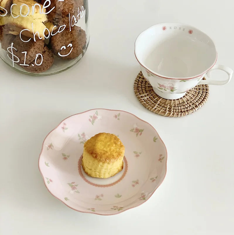 French Pink Rabbit Print Vintage Coffee Cup and Saucer Set Ceramic Cup
