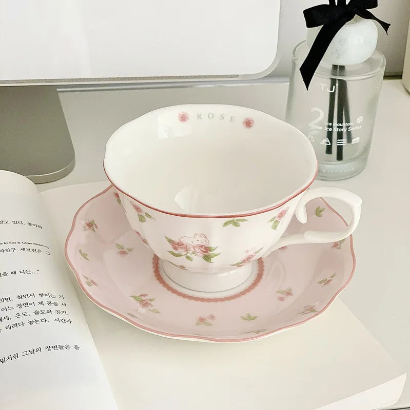 French Pink Rabbit Print Vintage Coffee Cup and Saucer Set Ceramic Cup