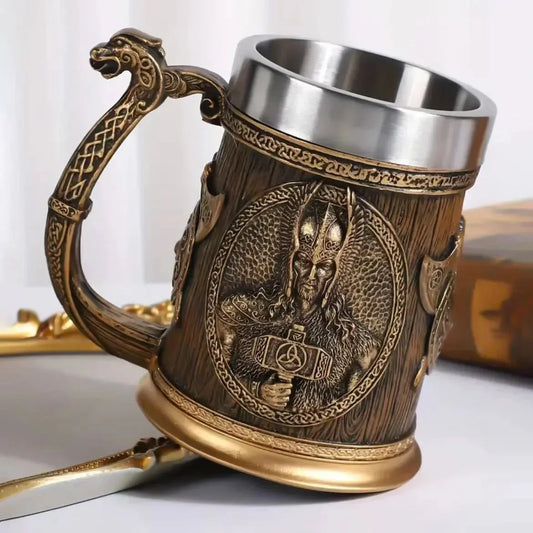 Vintage stainless steel Viking 3D medieval warrior mug
