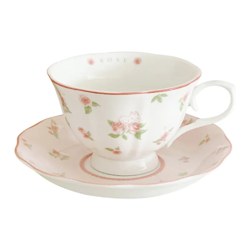 French Pink Rabbit Print Vintage Coffee Cup and Saucer Set Ceramic Cup