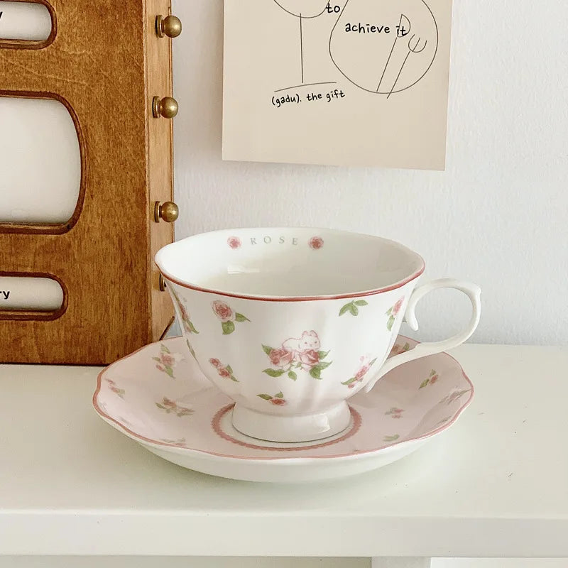 French Pink Rabbit Print Vintage Coffee Cup and Saucer Set Ceramic Cup