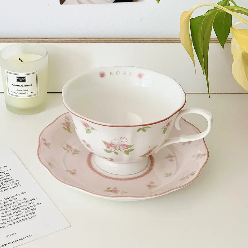 French Pink Rabbit Print Vintage Coffee Cup and Saucer Set Ceramic Cup